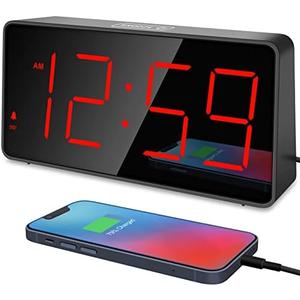 Peakeep Digital Clock, Alarm Clock for Bedrooms with USB Charger Port - Large Big Numbers 5 Brightness for Seniors, Battery Backup, Loud Alarm 5 Volums (Black with Red Digits)