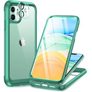Miracase Glass Series for iPhone 11 Case 6.1 inch, Upgraded Full-Body Rugged Phone Bumper Case Cover with Built-in 9H Tempered Glass Screen Protector and Camera Protector, Light Green