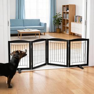 ZJSF Freestanding Dog Fence Indoor, Foldable Dog Gate for Doorways, Stairs or Hallways, Sturdy Wood Extra Wide Pet Gate with Support Feet for The House, Black, 24 "Height-4 Panels