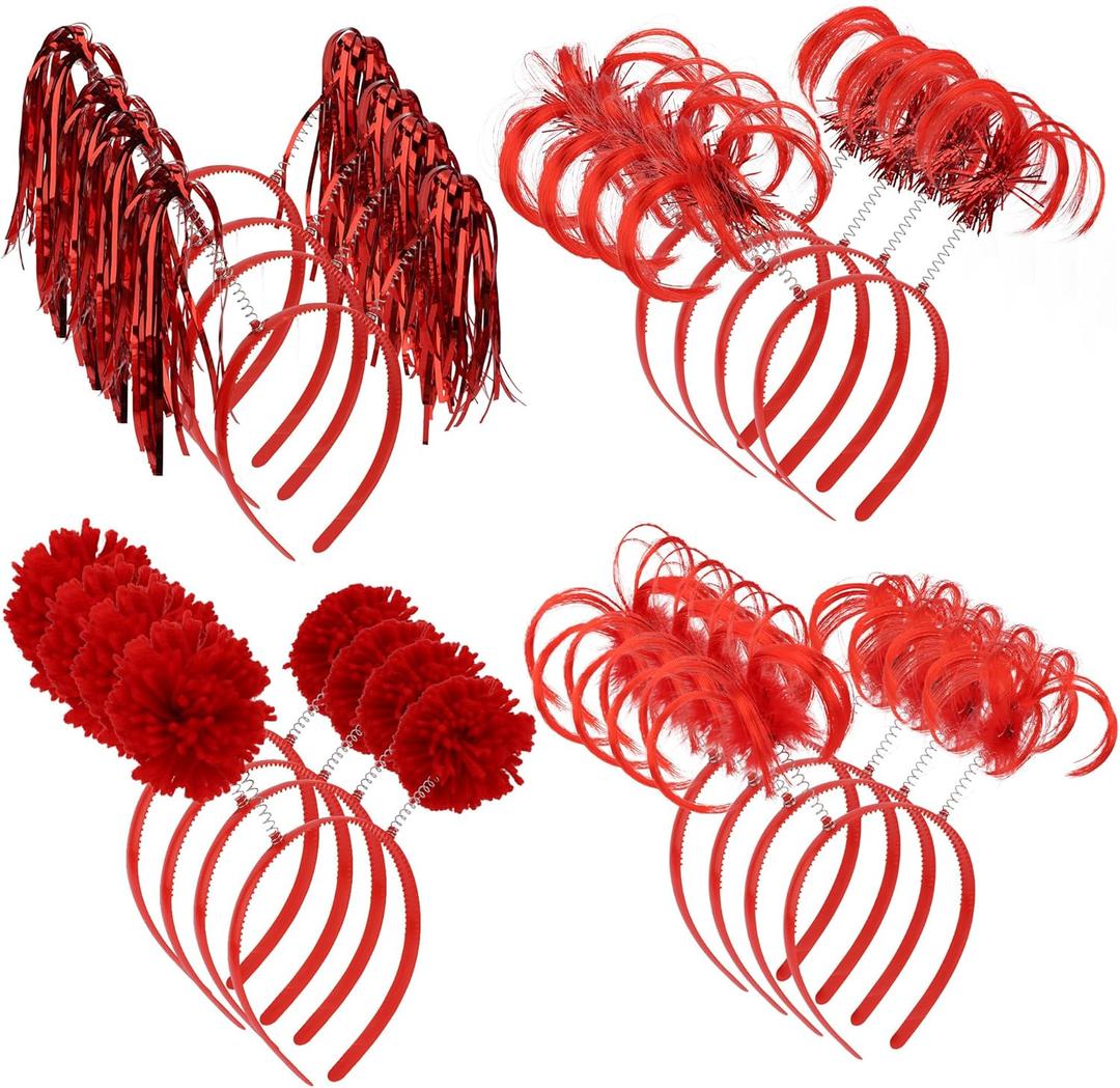COCIDE 16Pcs Pom Pom Headbands Party Headbands Tinsel Wrapped Ponytails Headbopper Headwear for Birthday Festival (Red)
