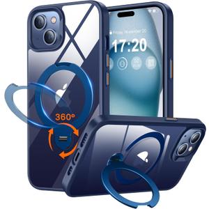 360 Rotatable Magnetic Stand for iPhone 15 Case Compatible with Mag-Safe 16FT Military Drop Protection, Anti-Scratch/Fingerprint Shockproof iPhone 15 Phone Case(Clear-Blue)