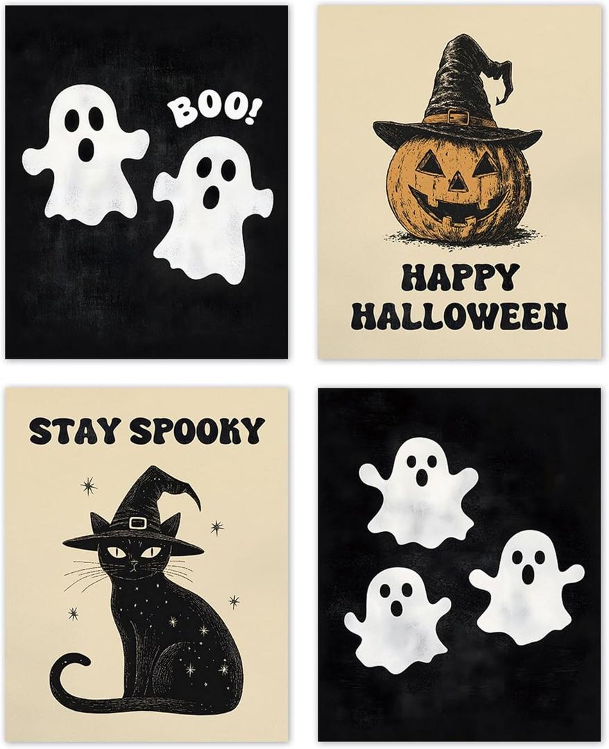 2 x TLESKE Retro Happy Halloween Ghost Pumpkin Posters Prints Unframed Set of 4 for Home Bedroom Living Room, Black Cat Witch Hats Caps Wall Art Prints Decor, Stay Spooky Fall Autumn Wall Pictures, 8x10