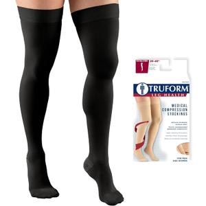 Truform 30-40 mmHg Compression Stockings for Men and Women, Thigh High Length, Dot-Top, Closed Toe, Black, Medium