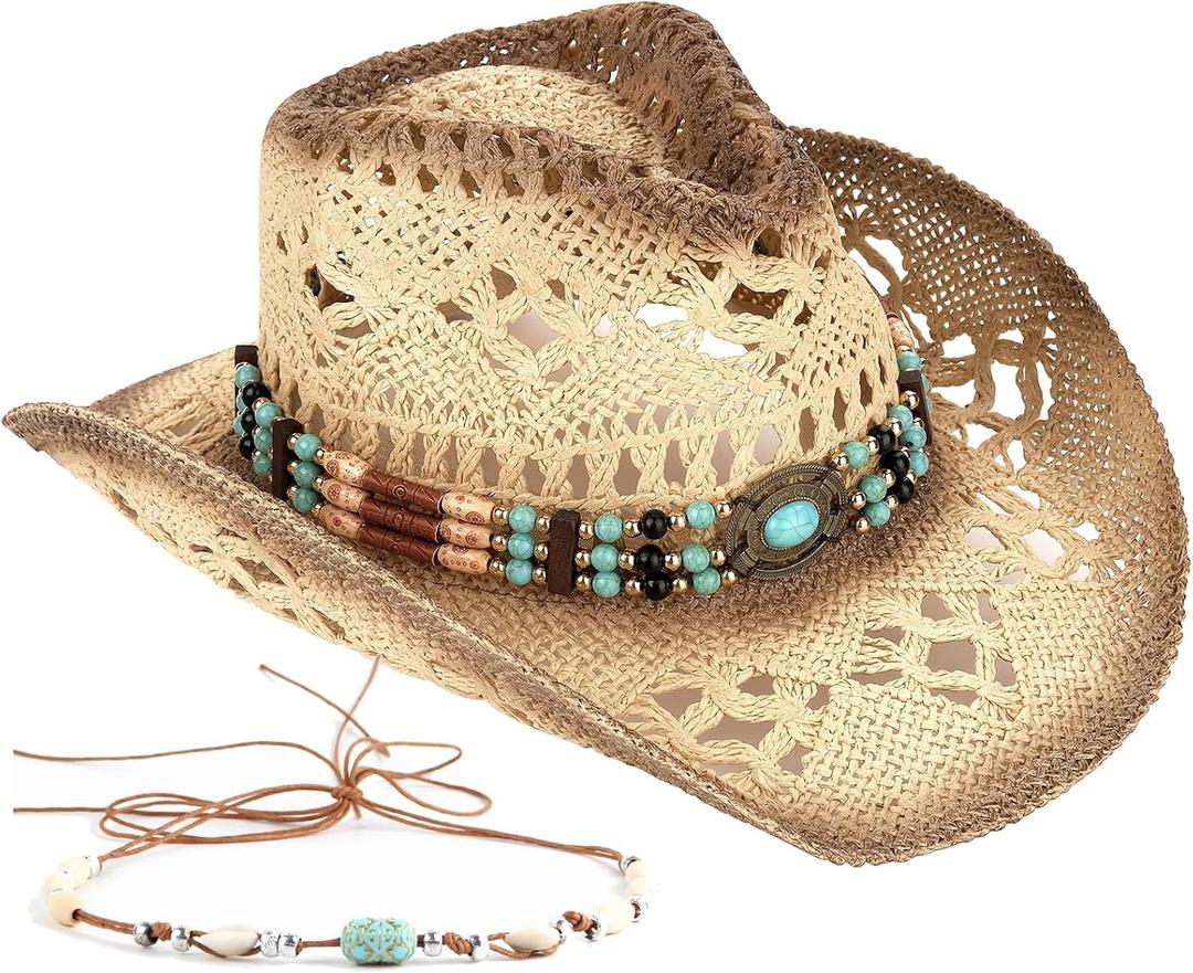 Men's Women's Straw Cowboy Hat Cowgirl Woven Sun Hat Western Cowboy Hat Two Decorative Bands Men's Women's Straw Cowboy Hat Cowgirl Woven Sun Hat Western Cowboy Hat Two Decorative Bands