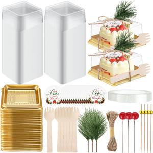 Maxdot 300 Pcs/50 Set Small Bakery Boxes with Clear Lids, Disposable Mini Dessert Box with Forks, Cocktail Picks, Tags, Square Cupcake Containers for Macaron, Muffins, Wedding Birthday Party Favors