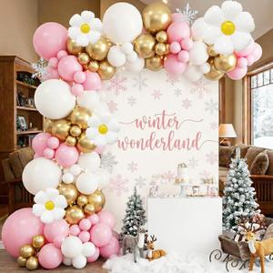 145PCS Pink White Gold Balloon Arch Garland Kit with Daisy Balloons for Winter Onederland Party Backdrop, Christmas Baby Shower, Girl Birthday Decoration, Baptism Arch, Bridal Shower