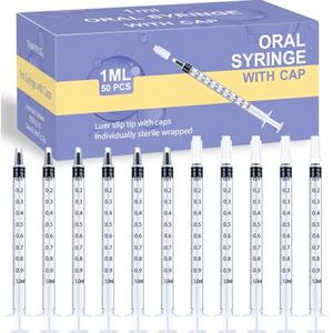 50 Pcs 1ml Syringes with Caps Oral Dispenser Individually Sterile Warpped for Medicine Dropper, Colostrum Collect Feeding Pets, Liquid Exp. 2030/07/02
