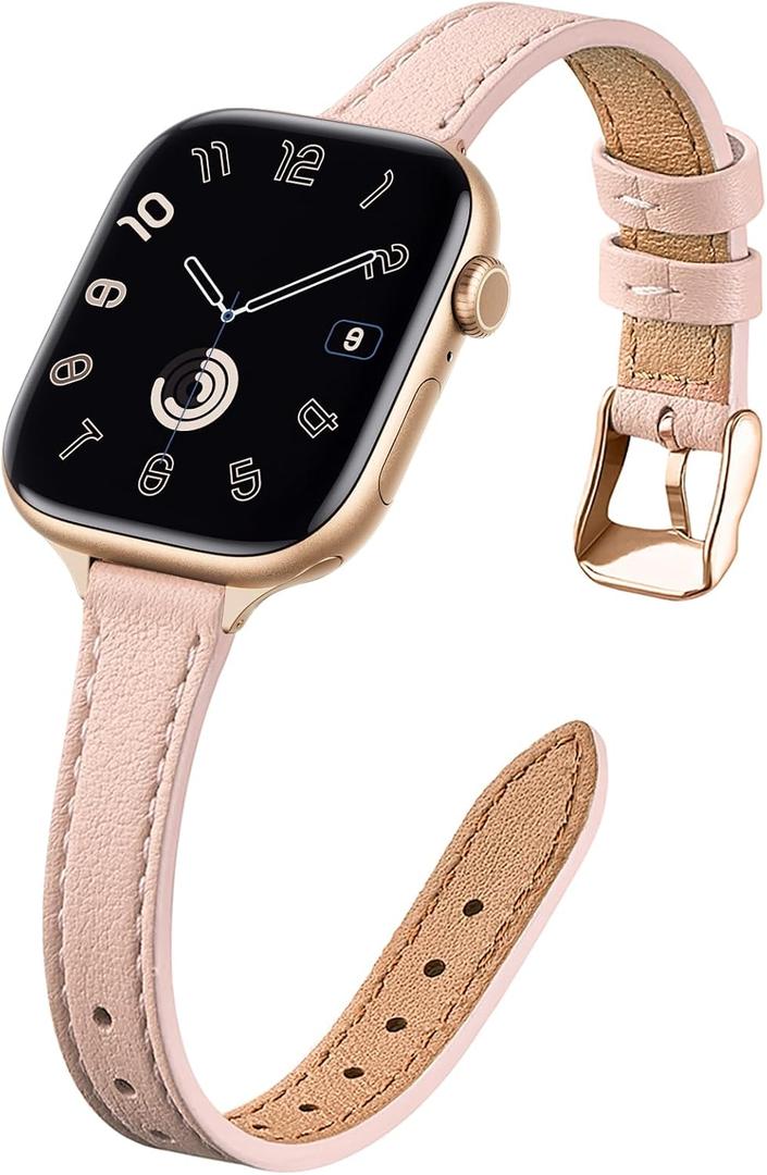 STIROLL Slim Leather Bands Compatible with Apple Watch Band 38mm 40mm 41mm 42mm(Series 11 10), Top Grain Leather Watch Thin Wristband for iWatch SE 9 8 7 6 5 4 3 2 1 (Pale pink with Gold)