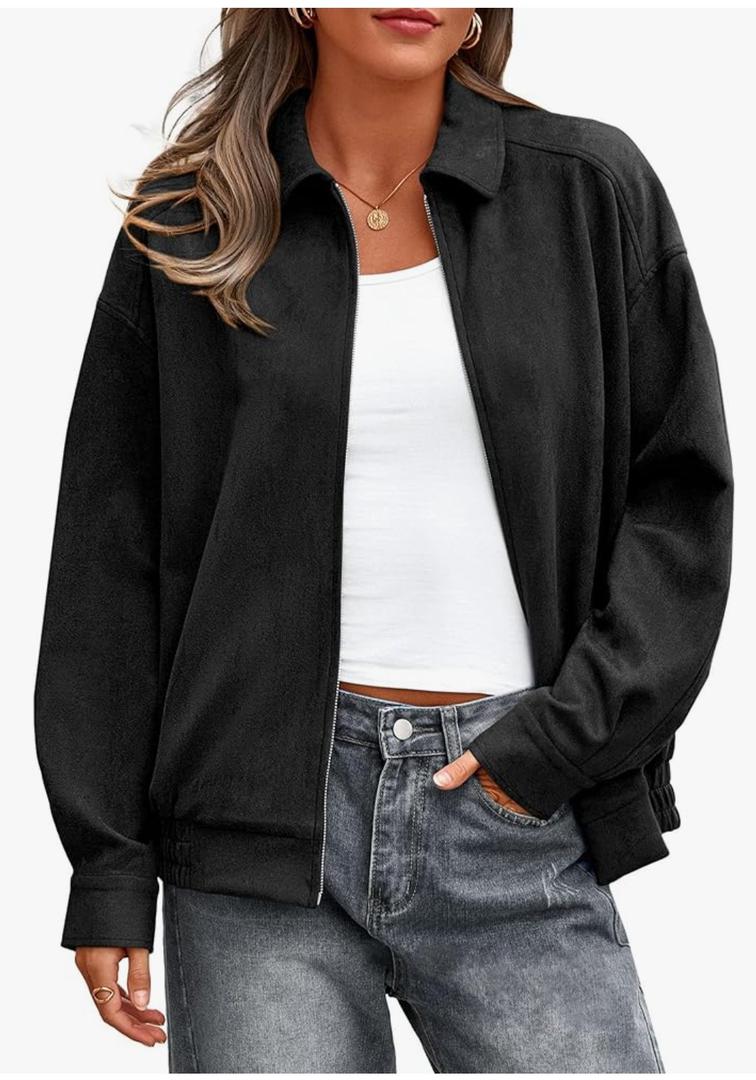 PRETTYGARDEN Faux Suede Bomber Jacket Women Fall Fashion 2026 Casual Zip Up Oversized Trendy Winter Clothing Outerwear Coats Black Size S