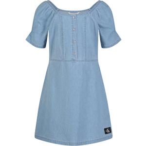 Calvin Klein Girls' Short Sleeve Chambray Denim Shirt Dress (7, Chambray/Square Neck)
