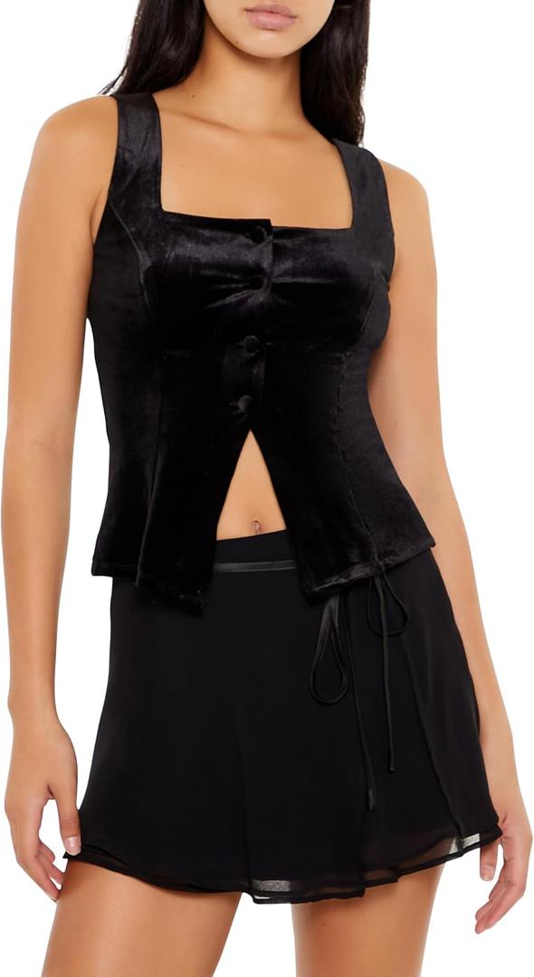 Forever 21 Womens Velvet Button-Front Tank Top (Small, Black)