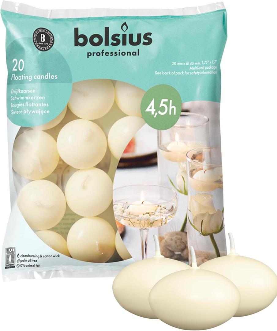 BOLSIUS Unscented Floating Candles - Pure Rich Creamy Ivory, 20 Set - Smokeless, European Quality - Imbue Breathtaking Ambiance for Romantic Wedding Centerpieces, Decorations, Events, Holiday Parties (1.75 Inch) BOLSIUS Unscented Floating Candles - Pure Rich Creamy Ivory, 20 Set - Smokeless, European Quality - Imbue Breathtaking Ambiance for Romantic Wedding Centerpieces, Decorations, Events, Holiday Parties (1.75 Inch)
