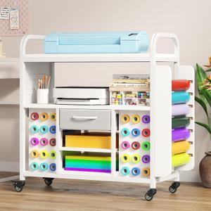 Craft Organization and Storage Cart with Wheels, Vinyl Roll Holder & Hook Up, Large Rolling Craft Table with Storage Drawer, Organizer Crafting Cabinet Cutting Stand Compatible for Cricut Machines