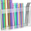 2 x Straw Holder for Cabinet Door, Acrylic Tumbler Straw Organizer Dispenser with Drainage Holes, Large Storage Container Accessories with Adhesive for Counter Cupboard Door Mounted, Clear
