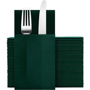 Dark Green Napkins Hand Towels Disposable, Linen Feel Dinner Napkins with Prefolded Built-in Flatware Pocket, Guest Paper Hand Towels for Christmas Wedding Reception (16x16in, 50Pack