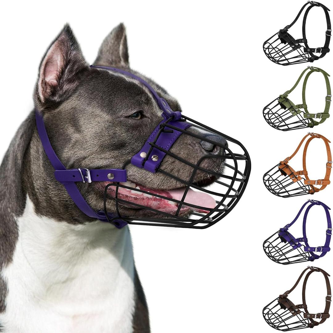 Pitbull Dog Muzzle Breathable Metal Basket for Large Dogs Amstaff Staffordshire Terrier Secure Wire Mask Adjustable Durable Leather Straps Biting Chewing Barking (Blue)
