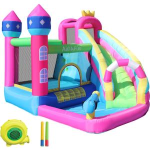 AirMyFun Inflatable Water Slide Pink Princess Bounce House for Big Kids 8-12 with Long Slide and Spray Water Gun for Kids Backyard Inflatable Bouncy Castle