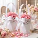2 Pcs Flower Baskets for Wedding Ivory Flower Basket with White Satin Bowknot and Handle Metal Wedding Pails for Ceremony Petals Confetti Storage