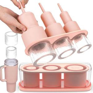 Ice Cube Tray for Tumbler Cup 30Oz-40Oz, 3 Pcs Silicone Cylinder Ice Mold with Lid and Bin for Freezer, Easy Fill and Release Ice Maker for Whiskey, Cocktail BPA-Free (Pink, 40Oz)