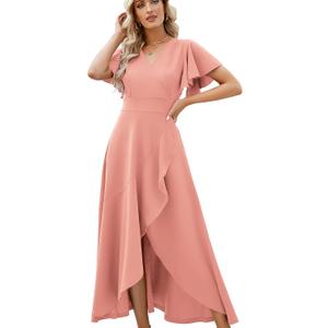 Long Black Formal Dresses for Women Gowns Evening Party Cocktail Dress,Split Elegant V Neck Wrap Ruffle Wedding Guest Dresses, S, Sakura Pink