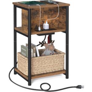 VASAGLE Side Table with Charging Station, 3-Tier End Table with USB Ports and Outlets, Nightstand for Living Room, Bedroom, 11.8 x 13.4 x 22.8 Inches, Plug-in Series, Rustic Brown and Black