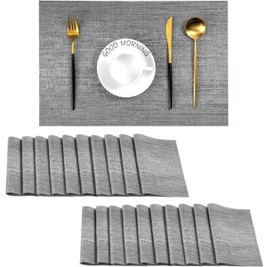 Leetaltree Grey Placemats, Heat Resistant Non-Slip Place mats for Dining Table, Washable Durable PVC Vinyl Woven Table Mats (Set of 20) (Gray)