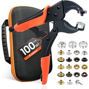 Heavy Duty Snap Fastener Tool kit, Punching Function, Snap Button Tool with Adjustable Setter, 15mm snap Tool with 100 Sets Boat Cover Snaps (Orange)