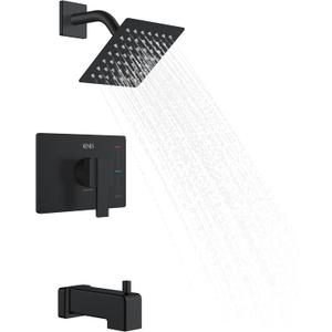 KENES Tub Shower Faucet Set Complete, Matte Black Tub and Shower Trim Kit with 6-Inch Rain Shower Head, Square Shower System, KE-6025A-2 (Shower Valve Included)