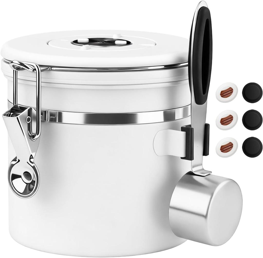 ShanSon Coffee Canister Airtight Coffee Container Stainless Steel Coffee Bean Storage Container with Scoop Coffee Canister for Beans Grounds Sugar Flour Tea Cereal,11OZ, White