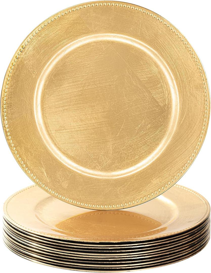 MAONAME Gold Charger Plates Set of 12, Foil 13" Plate Chargers with Beaded, Plastic Round Chargers for Dinner Plates, Table Setting
