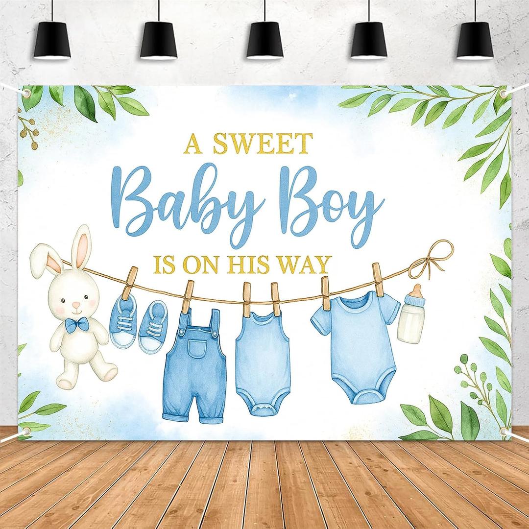 Blue Baby Shower Decorations for Boy, 7x5ft A Sweet Baby Boy is On His Way Backdrop, Clothesline Bunny Banner for Gender Reveal, Photo Booth Background, Baby Boy Shower Party Supplies