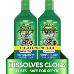 Green Gobbler Ultra Concentrated Drain Clog Remover & Cleaner | Powerful Hair, Grease & Soap Dissolver for Bathroom, Kitchen, Shower, Sink & Toilet | Safe for Pipes & Septic Systems | 2 Pack