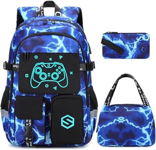 Scothen Boys Backpack, Cool Luminous School Backpacks for Boys with Lunch Bag Pencil Case, Kids Backpack Kindergarten Elementary Middle School Book Bags for Teen Boy Children with USB Charging Port