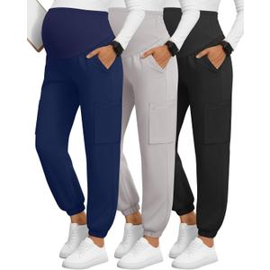 3 Pack Women's Maternity Scrub Pants, Workwear Pregnancy Jogger Pants Over Belly Yoga Sweatpants Zippered Pockets (Black, Light Gray, Navy Blue) S