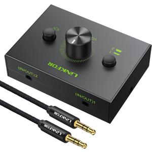 LiNKFOR 2 Ports 3.5mm Stereo Audio Selector Box with 3.5mm Audio Cable Support 1 in 2 Out / 2 in 1 Out, Mute Button Compatible with PC, CD Player, Laptop, Headphone, Plug & Play