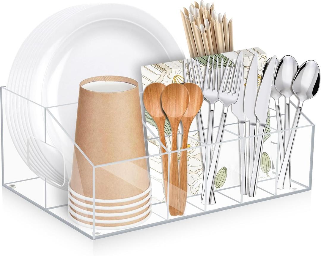 Silverware Organizer,Acrylic Utensil Holder for Party Utensil Silverware Caddy Paper Plate Holder Paper Plate Organizer for Countertop,Buffet,Picnic with 8 Compartments for Plate,Cup,Fork,Spoon