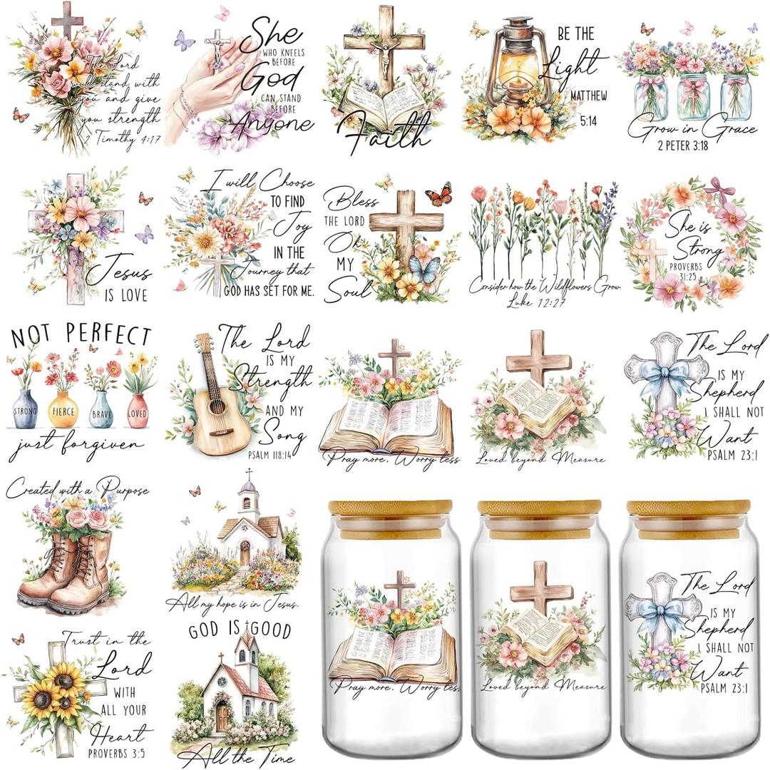 Bible Verse UV DTF Decals - 20 Sheets Christianity Motivational Quotes Uvdtf Cup Wraps for 16 oz Glass Mug, Cross Flower Butterfly Transfer Sticker DIY Water Bottle Craft Decor Religious Gifts for Mom