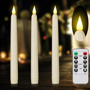 Flameless Taper Candles with Remote Control and Timer, Battery Operated LED Candlesticks with Flickering 3D Flame, 9.60.8 Inches Plastic Fake Candles for Christmas, Wedding and Home Decor (Ivory, 3)