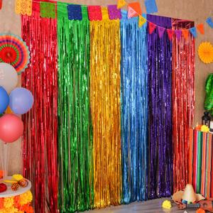 Mega-L Cinco de Mayo Decorations, 2 Pack Fiesta Foil Fringe Curtains Backdrop, 3.3x6.6ft Mexican Themed Tinsel Streamers, Perfect for Spain Taco Party Photo Booth Props, Dia De Los Muertos Decor