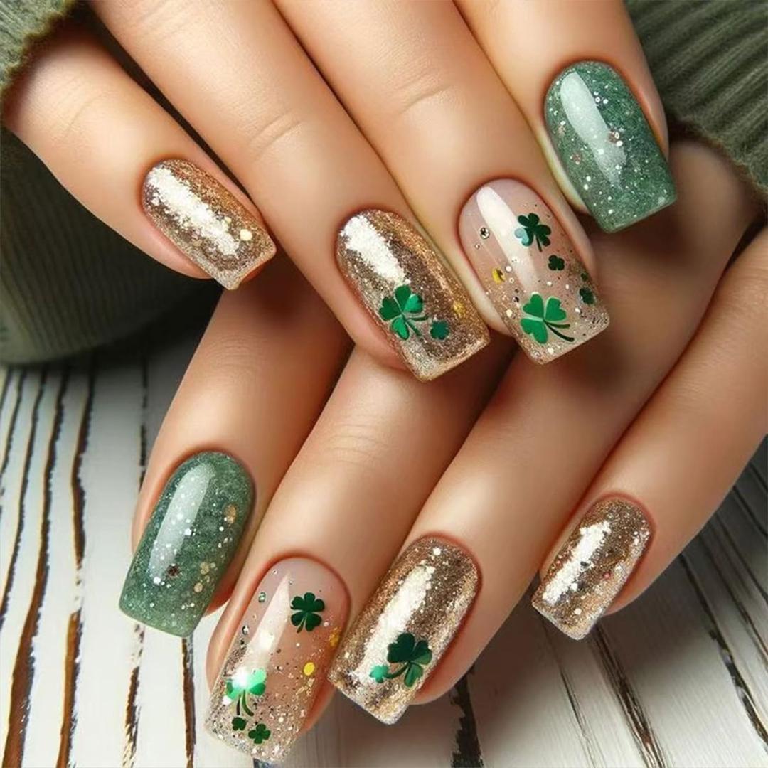 24Pcs St. Patrick's Day Press on Nails Short Square Fake Nails Gold Glitter Full Cover Artificial Glue on Nails Green Shamrock False Nails Nude Nail Supplies Irish Stick on Nails for Women Nails Art