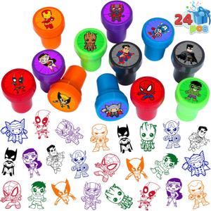 24 Pcs Superhero Themed Stampers, Superhero Birthday Party Supplies, Goody Bag Treat Bag Stuff for Superhero Birthday Party Gifts
