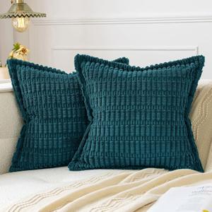 MIULEE Teal Corduroy Decorative Throw Pillow Covers Pack of 2 Soft Striped Pillows Pillowcases with Broad Edge Winter Modern Boho Home Decor for Couch Sofa Bed 18x18 Inch
