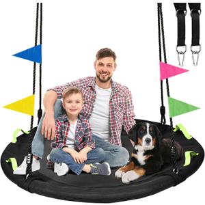 HeyZoo 48 inch Tree Swing, Larger Saucer Flying Swing for Whole Family, 900lbs Weight Capacity, with Adjustable Hanging Straps, for Outdoor Backyard, Gifts for Kids, Black