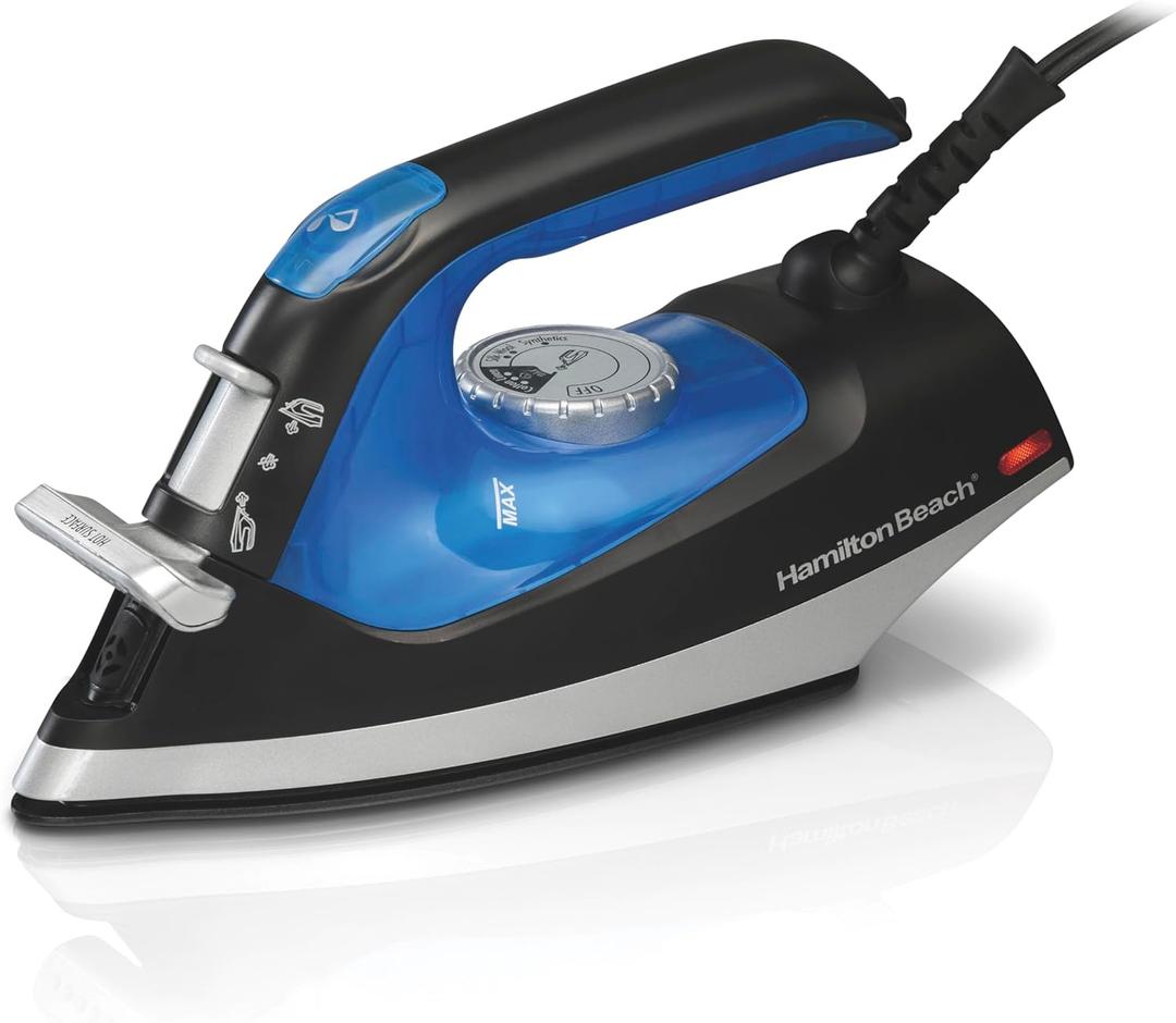 Hamilton Beach 2-in-1 Steam Iron for Clothes and Garment Steamer with 5 Temperature Settings, Nonstick Soleplate, 1200 Watts, 8 Cord, Black & Blue (14525F)