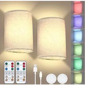 Lightess Battery Operated Wall Sconces with Remote Set of 2, RGB Rechargeable Wall Light Fixtures with Fabric Shade, Dimmable Lighting Decor for Bedroom Living Room
