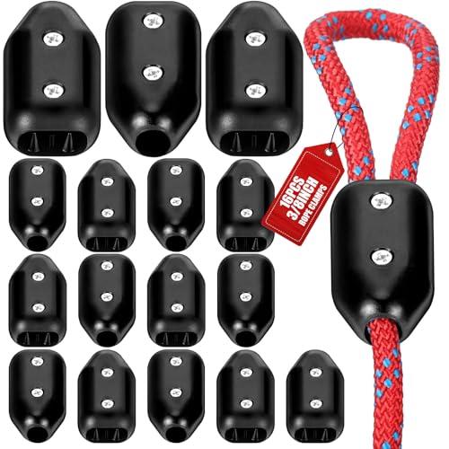 VioraWhite 16 Pcs Rope Clamps, Reusable Rope Clamp 3/8 Inch Black Plastic Cord Connector Suitable for 7-8 mm Nylon or Braided Cord