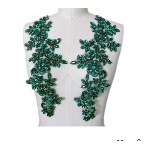 Pair Rhinestones Lace Applique Accessories Handsewing Glass Beads Stones Trim Patches for DIY Girl Wedding Dress Decorations (Deep Green)