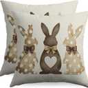 Easter Bunny Pillow Covers 18x18 Inch Set of 2 Polka Dot Brown Rabbit Bowknot Print Spring Holiday Decorative Throw Pillowcases Outdoor Seasonal Farmhouse Cushion Cases Decor for Sofa Couch Bed