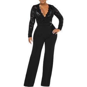 Formal Black Jumpsuits for Women Lace Elegant Dressy Pantsuits Classy Jumpsuits Wide Leg Rompers Plus Size Outfits With Belt, L Formal Black Jumpsuits for Women Lace Elegant Dressy Pantsuits Classy Jumpsuits Wide Leg Rompers Plus Size Outfits With Belt, L