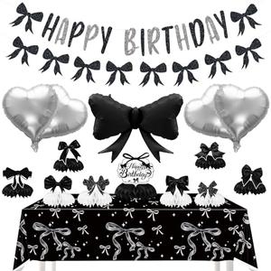 Black Bow Happy Birthday Decorations - Women Girls Bow Theme Party Decorations with Honeycomb Centerpieces, Banner, Foil Balloons, Tablecloth, Elegant Black Girly Birthday Party Decor for Girls Women Pack of 3